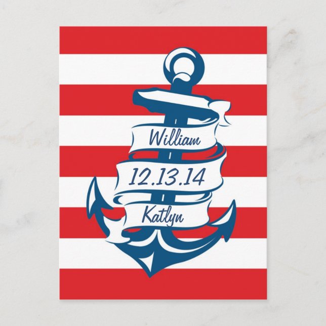 Navy/Red Nautical Theme Save the Date Postcard (Front)