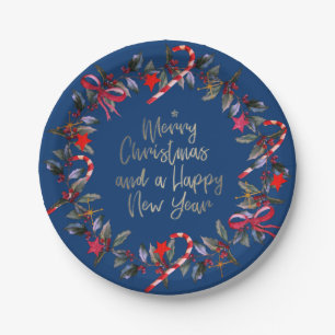 Navy Red Omela Christmas Wreath Paper Plate