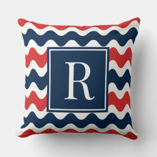 Navy & Red Preppy Ric Rac Stripe Monogram Cushion