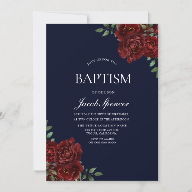 Navy & Red Rose Baptism Boy or Girl Invite (Front)
