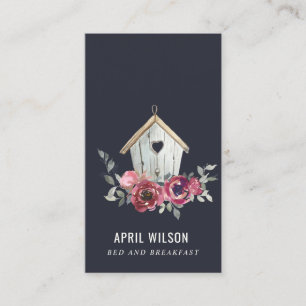 NAVY RED ROSE FLORAL WOOD HOME STAY BED BREAKFAST BUSINESS CARD