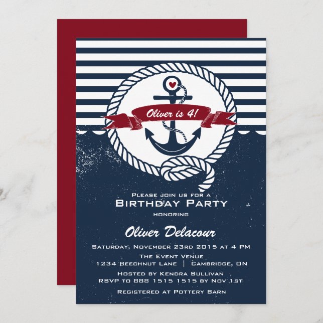 Navy Red Rustic Nautical Kids Birthday Invitation (Front/Back)