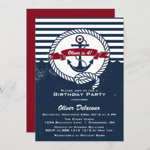Navy Red Rustic Nautical Kids Birthday Invitation