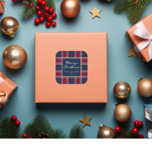 Navy Red Tartan Plaid Modern Elegant Minimalist Square Sticker