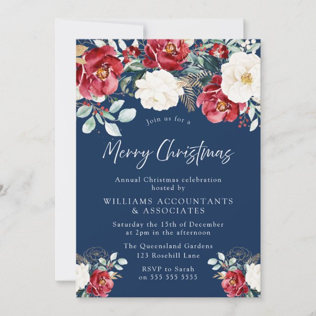 Navy, Red White Green Floral Christmas Party Invitation (Front)