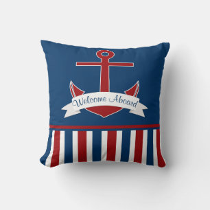 Navy Red White Nautical Stripes Red Anchor Banner Cushion