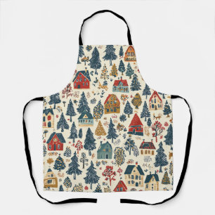 Navy Red Woodland Christmas Village Pattern Apron