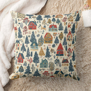 Navy Red Woodland Christmas Village Pattern Cushion