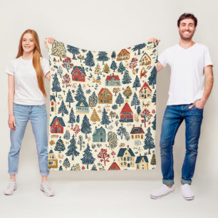Navy Red Woodland Christmas Village Pattern Fleece Blanket