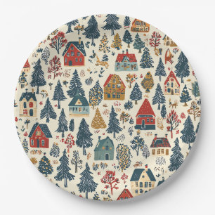 Navy Red Woodland Christmas Village Pattern Paper Plate