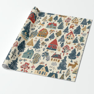 Navy Red Woodland Christmas Village Pattern Wrapping Paper