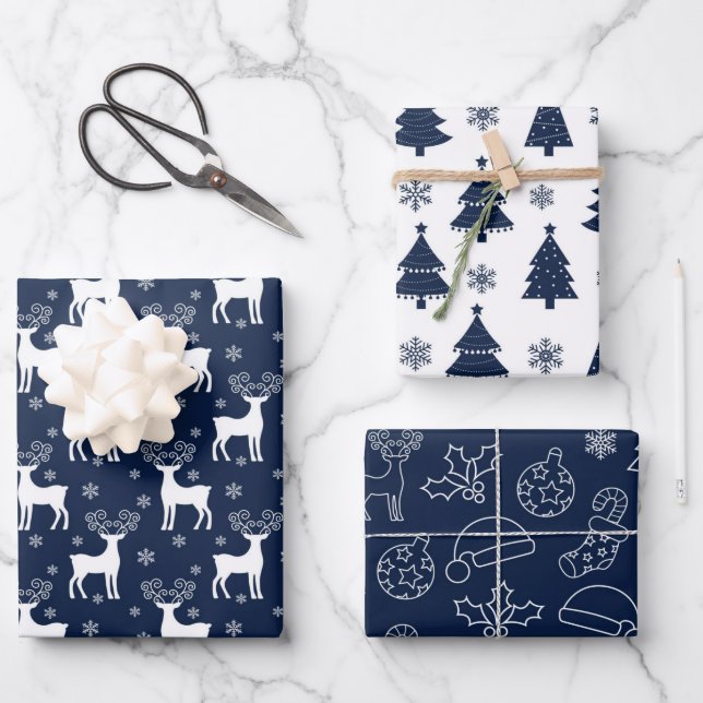 Navy Reindeer, Christmas Tree and Holiday Pattern Wrapping Paper Sheet (Front)