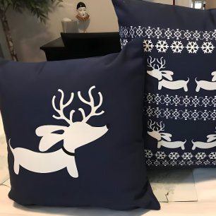 Navy Reindeer Dachshund Christmas Decor Cushion