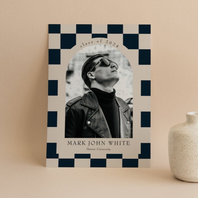 Navy Retro Checkered Arch Boy Photo Graduation Invitation (Creator Uploaded)