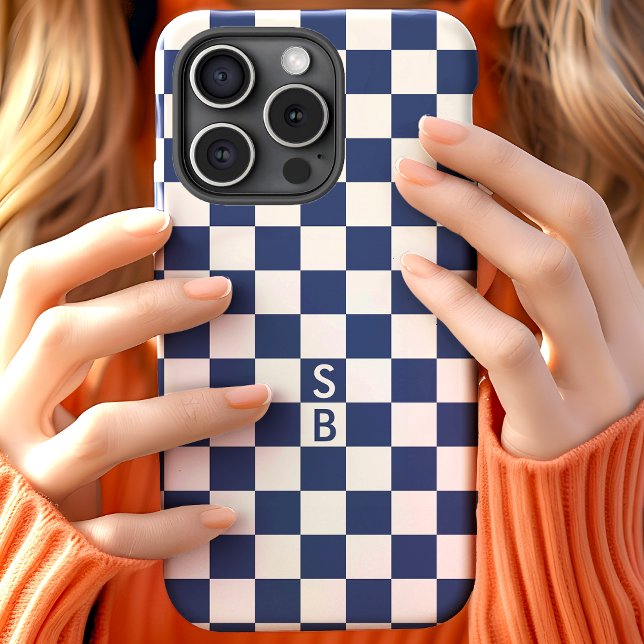 Navy Retro Chequered Pattern Monogram Case-Mate iPhone Case (Creator Uploaded)