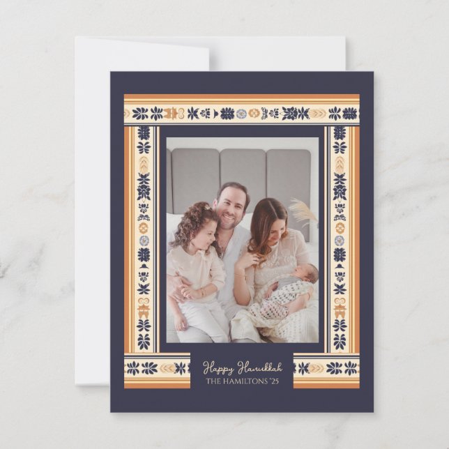 Navy Ribbon Border Family Photo Hanukkah Card (Front)