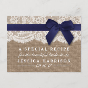 Navy Ribbon On Burlap & Lace Bridal Shower Recipe Invitation Postcard
