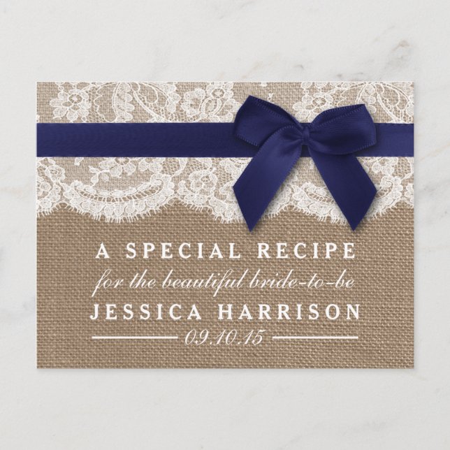 Navy Ribbon On Burlap & Lace Bridal Shower Recipe Invitation Postcard (Front)