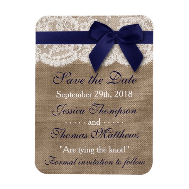 Navy Ribbon On Burlap & Lace Save The Date Magnet (Vertical)