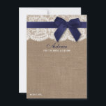 Navy Ribbon On Burlap & Lace Wedding Advice Card<br><div class="desc">Celebrate in style with these rustic advice cards. The simple yet stylish design will allow your guests to write a note of advice for you to keep and read over in years to come. The wording is easy to personalise so these cards can quickly be transformed into advice cards for...</div>