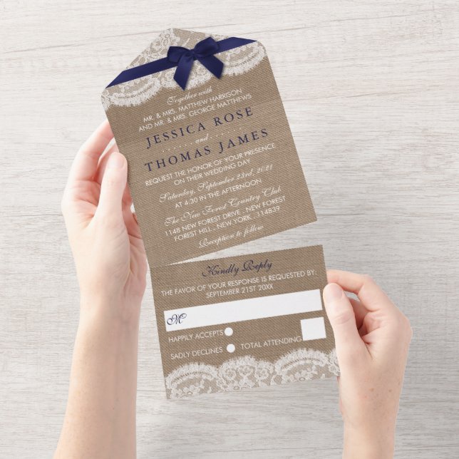 Navy Ribbon On Burlap & Lace Wedding All In One Invitation (Tearaway)