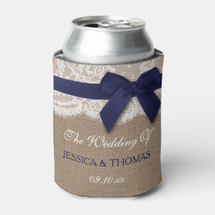 Navy Ribbon On Burlap & Lace Wedding Can Cooler
