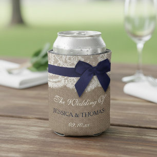 Navy Ribbon On Burlap & Lace Wedding Can Cooler
