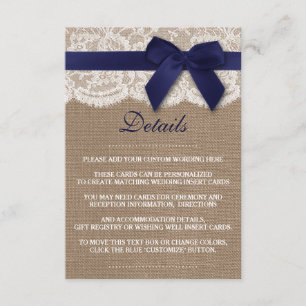 Navy Ribbon On Burlap & Lace Wedding Enclosure Card