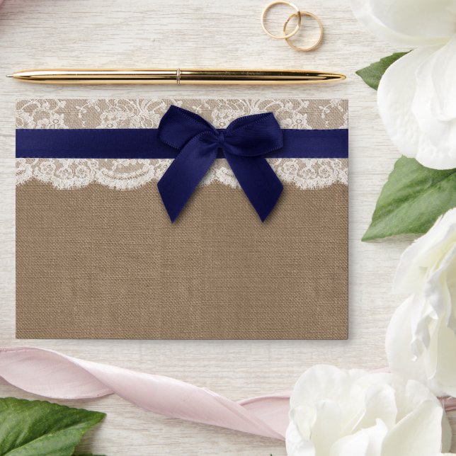 Navy Ribbon On Burlap & Lace Wedding Envelope (Wedding)