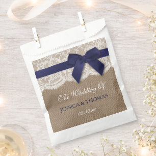 Navy Ribbon On Burlap & Lace Wedding Favour Bag