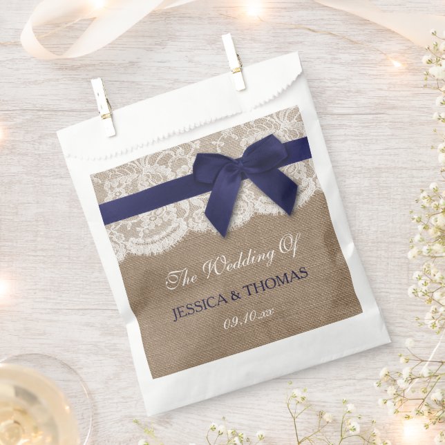 Navy Ribbon On Burlap & Lace Wedding Favour Bag (Clipped)