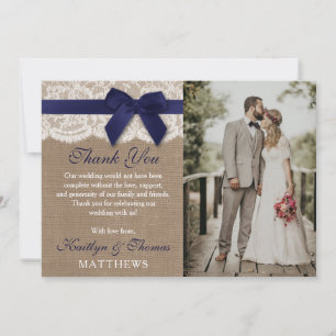Navy Ribbon On Burlap & Lace Wedding Photo Thank You Card