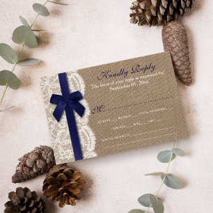 Navy Ribbon On Burlap & Lace Wedding RSVP