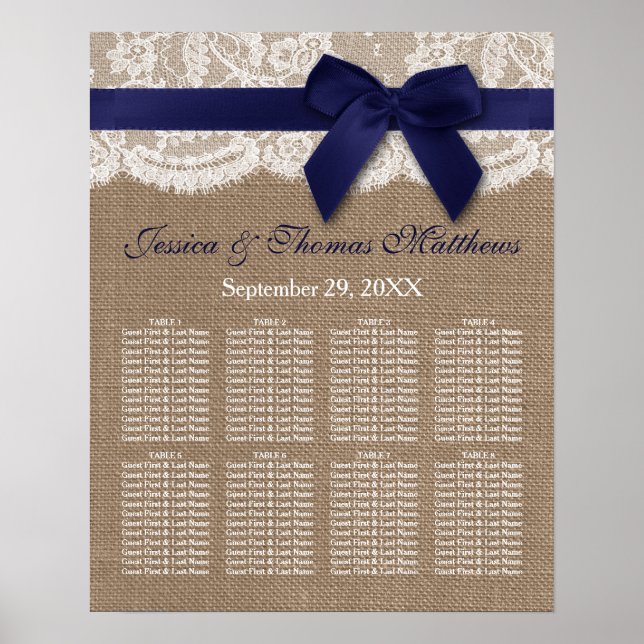 Navy Ribbon On Burlap & Lace Wedding Seating Chart (Front)