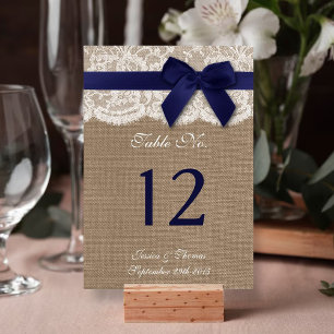 Navy Ribbon On Burlap & Lace Wedding Table Number