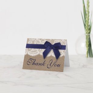 Navy Ribbon On Burlap & Lace Wedding Thank You