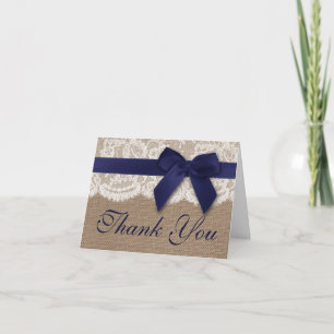 Navy Ribbon On Burlap & Lace Wedding Thank You Card