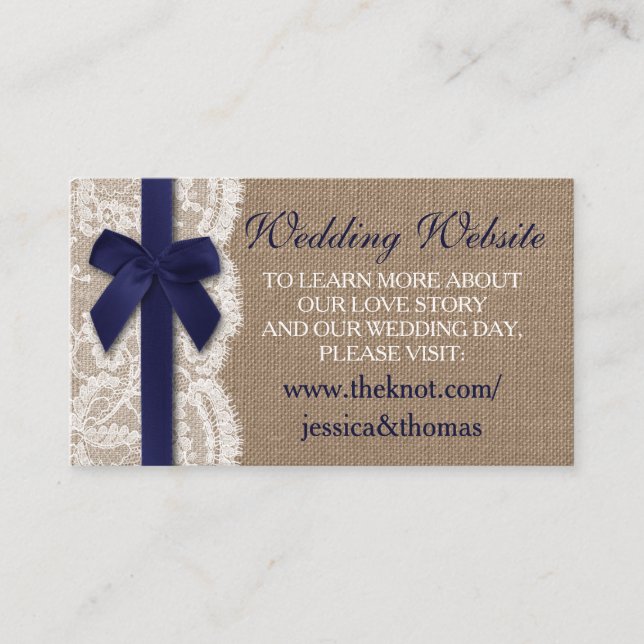 Navy Ribbon On Burlap & Lace Wedding Website Enclosure Card (Front)
