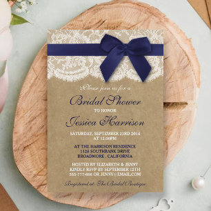 Navy Ribbon On Kraft & Lace Bridal Shower Invitation