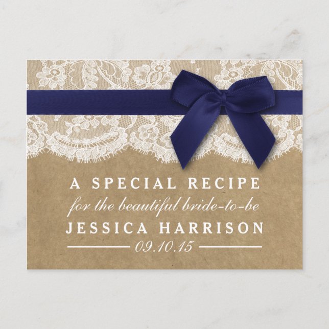 Navy Ribbon On Kraft & Lace Bridal Shower Recipe Invitation Postcard (Front)