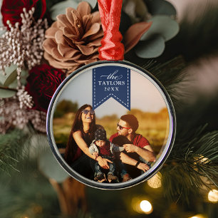 Navy Ribbon Personalised Name & Year Photo Metal Ornament