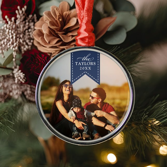 Navy Ribbon | Personalised Name & Year Photo Metal Ornament (Creator Uploaded)