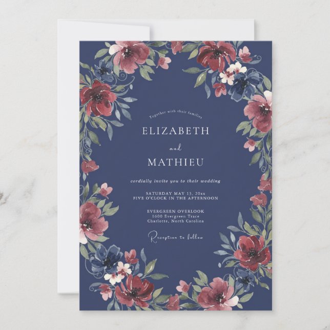 Navy Romantic Floral Romance Wedding Invitation (Front)