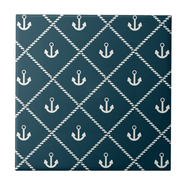 Navy Rope And Anchor Pattern Ceramic Tile (Front)