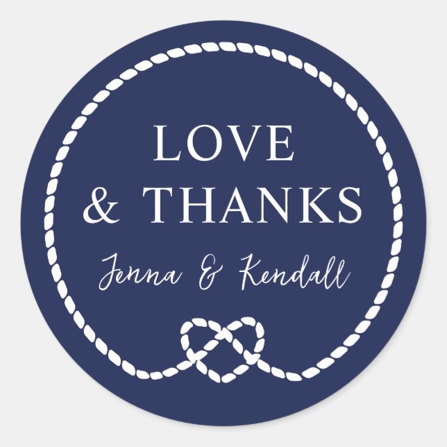 Navy Rope Heart Nautical Wedding Thank You Classic Round Sticker (Front)