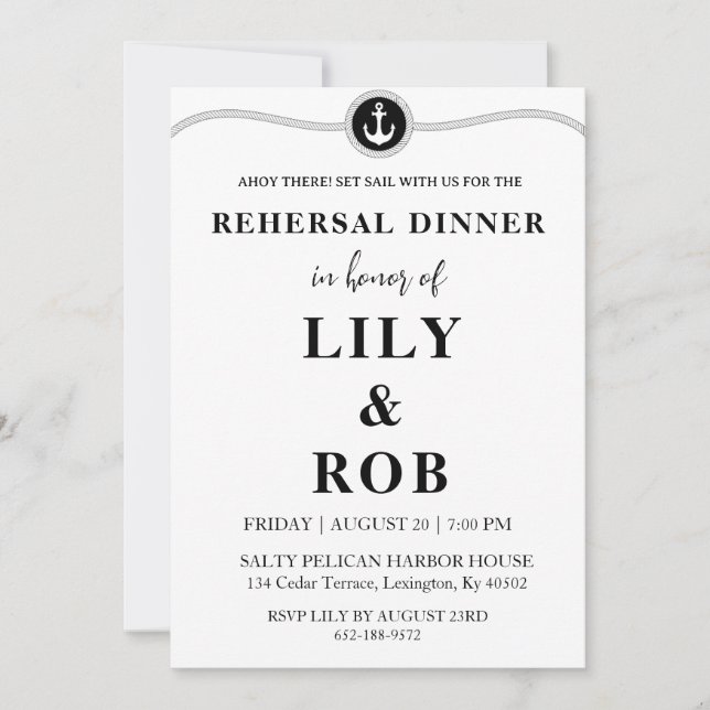 navy rope nautical rehearsal dinner invitations (Front)