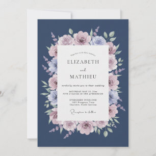 Navy Rose Blossom Flourish Wedding Invitation