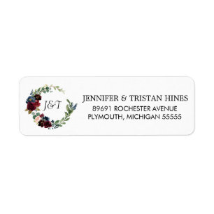 Navy Rose Burgundy Floral Monogram Return Address Label