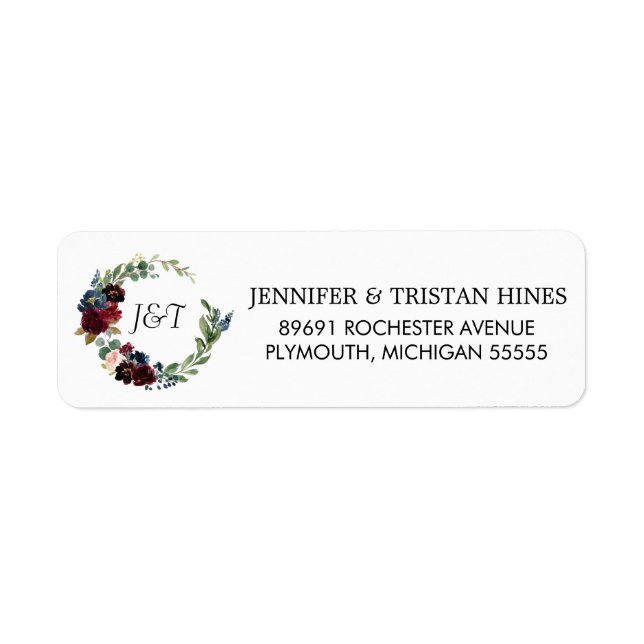 Navy Rose Burgundy Floral Monogram Return Address Label (Front)