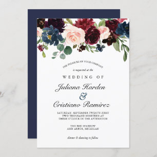 Navy Rose Burgundy Floral Wedding Invitation
